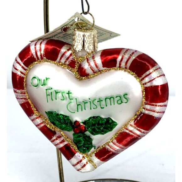 Old World Christmas Other - Old World Christmas Our First Christmas Peppermint Heart Blown Glass Ornament 3"